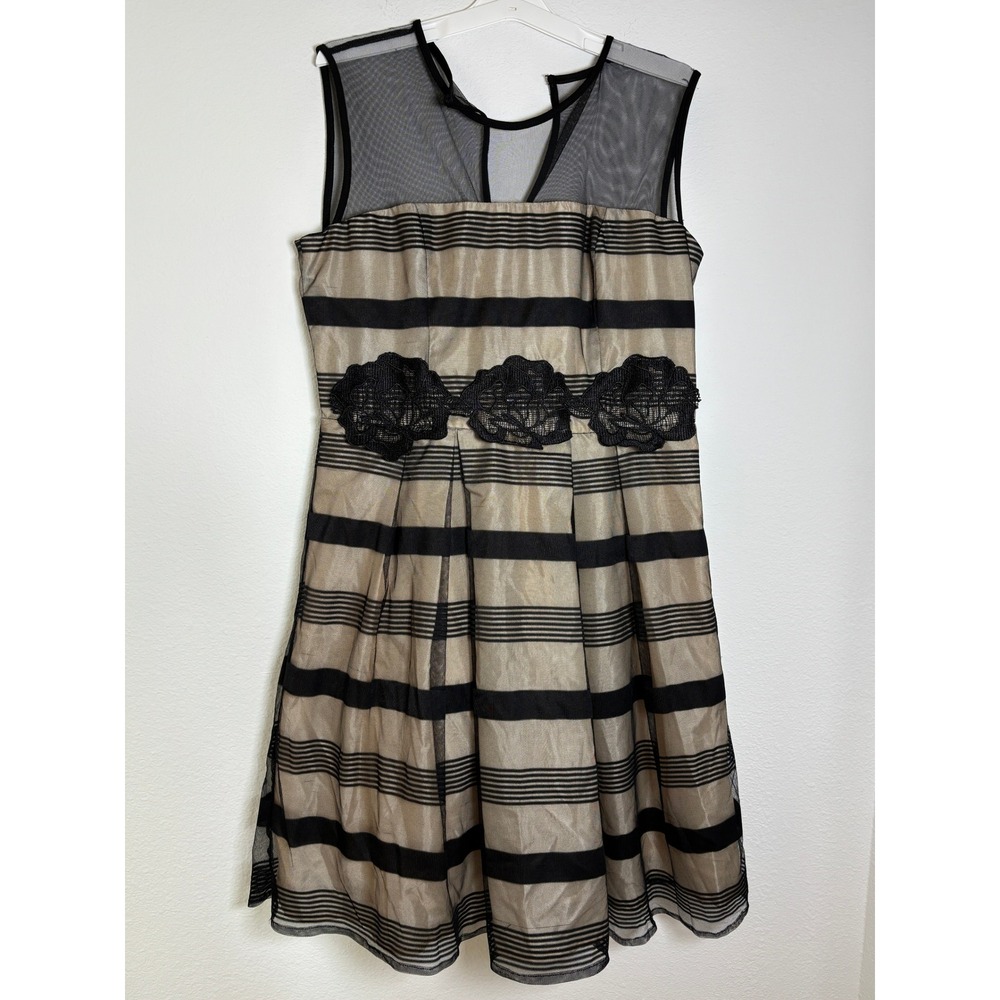 Karin Stevens Black Gold Striped‎ Mesh Lace Cocktail Dress Womens 16 Sleeveless